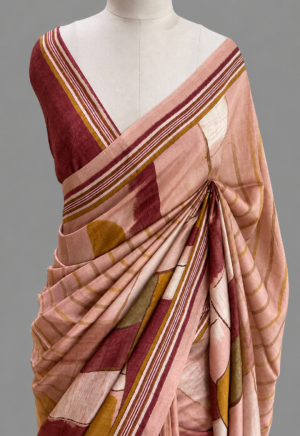 Russian Bemberg Abstract Print Saree With Striped Border by Varam Fashion House, South Asian ethnic wear