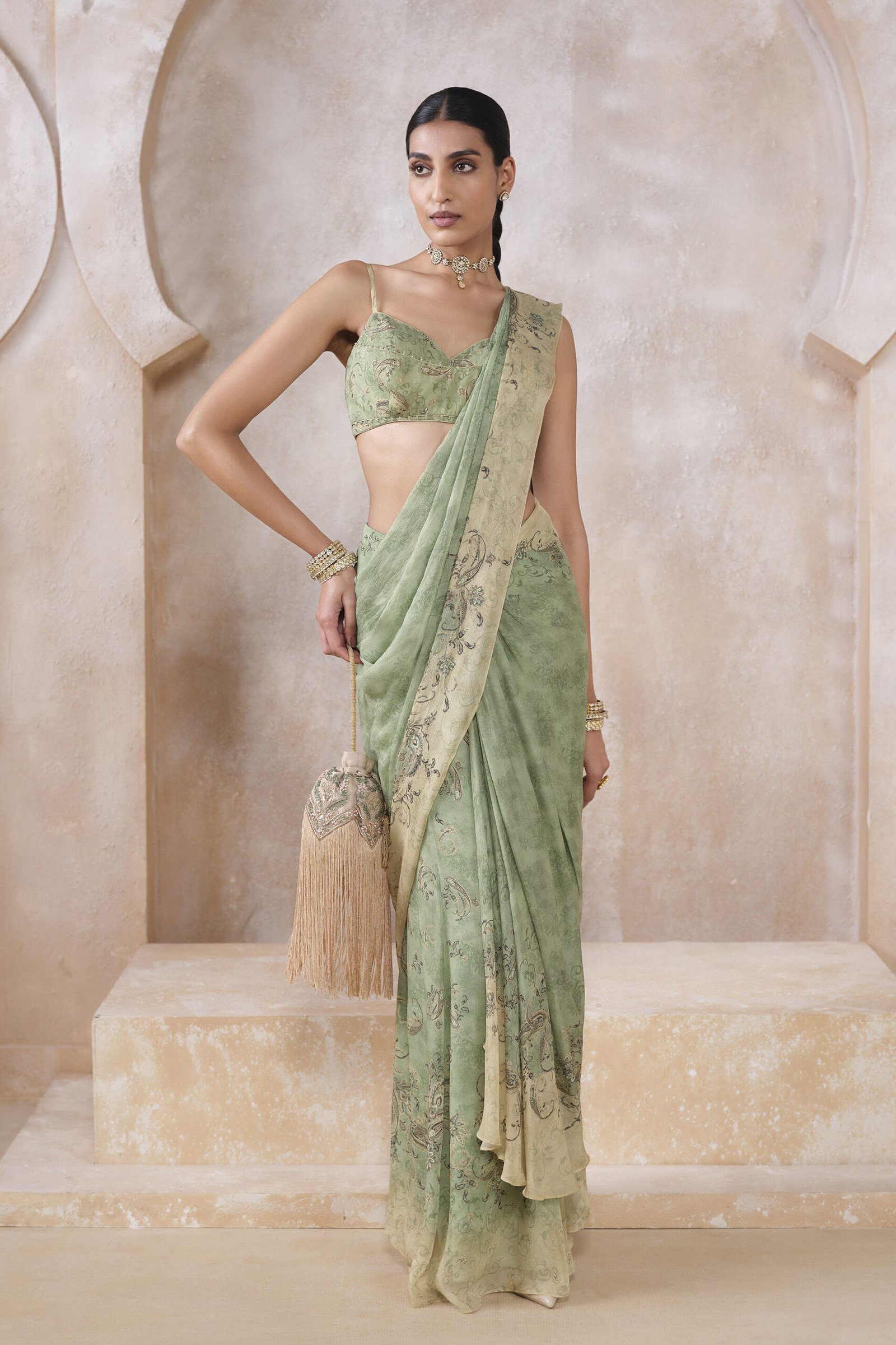 Lizbet Sequin Chiffon Pre-Draped Saree – Green by Anita Dongre, South Asian ethnic wear
