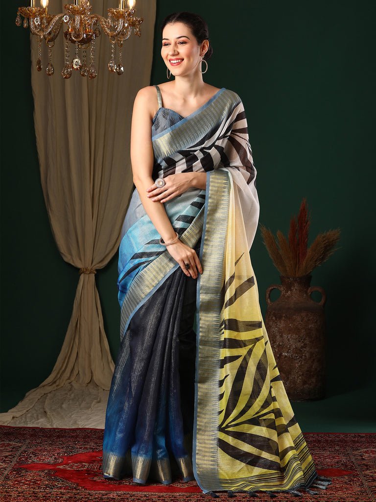 Women’S Organza Navy Blue Printed Designer Saree With Blouse Piece by trendia, South Asian ethnic wear