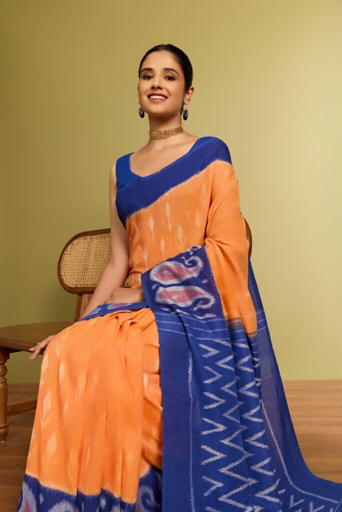 Orange Pochampalli Pure Cotton Ikat Saree by Taneira, South Asian ethnic wear