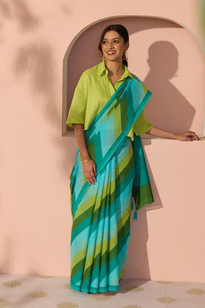 Blue Bengal Screen Printed Pure Cotton Mulmul Saree by Taneira, South Asian ethnic wear