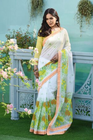 Off White Cotton Printed Saree