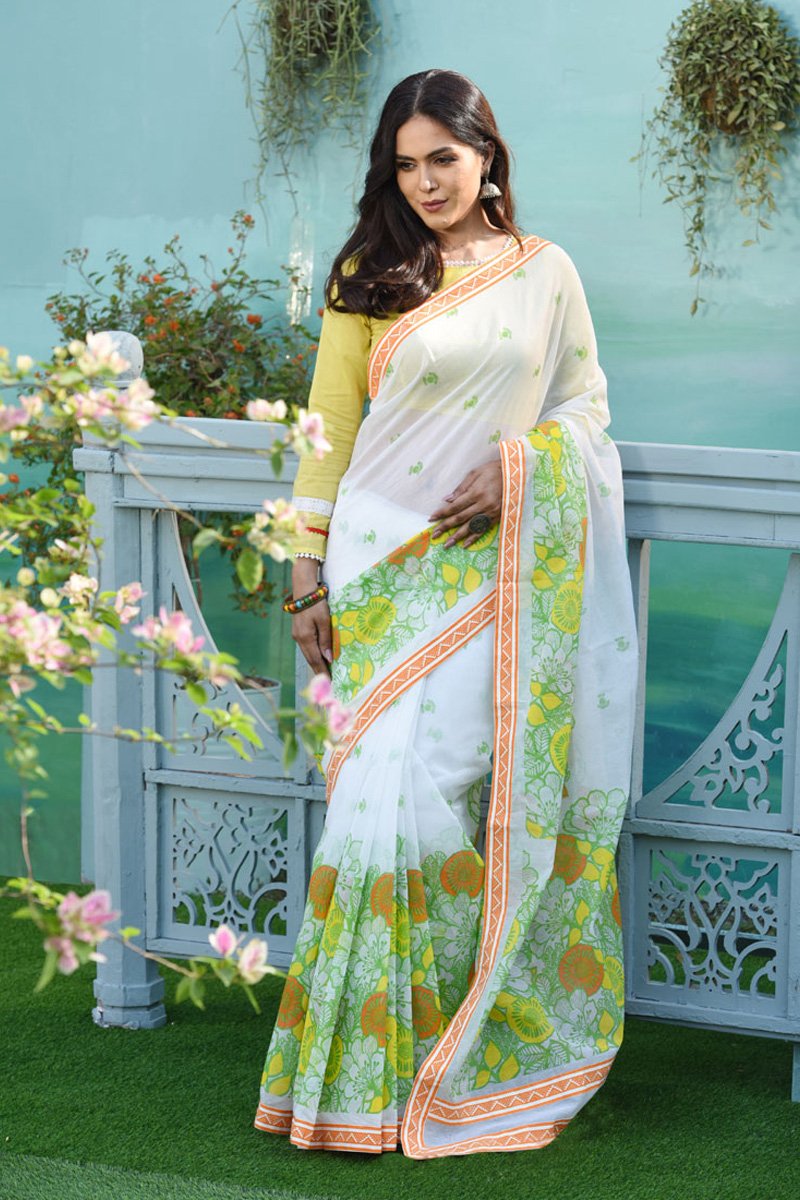 Off White Cotton Printed Saree by Kay Kraft, South Asian ethnic wear