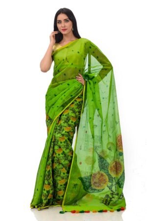 Green Half Silk Printed Saree