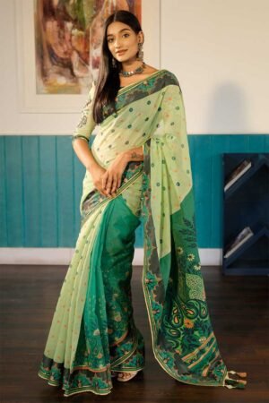 Parrot Green Half Silk Printed Saree