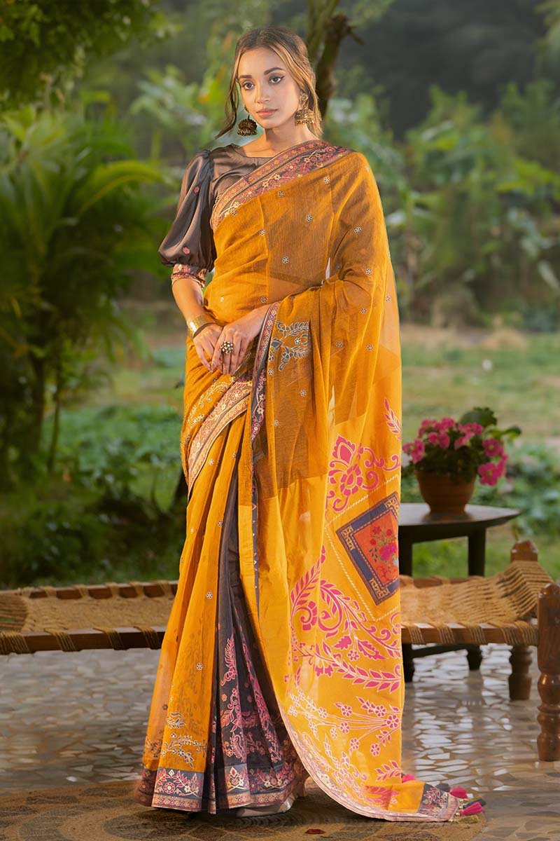 Golden Yellow Half Silk Printed Saree by Kay Kraft, South Asian ethnic wear