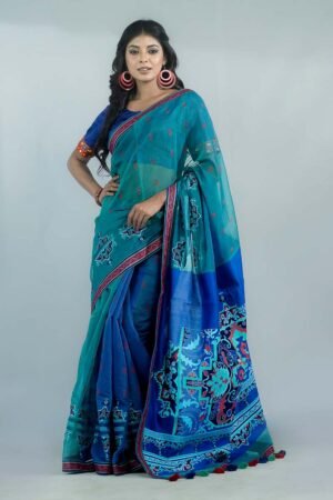 Teal Blue Half Silk Printed Saree by Kay Kraft, South Asian ethnic wear