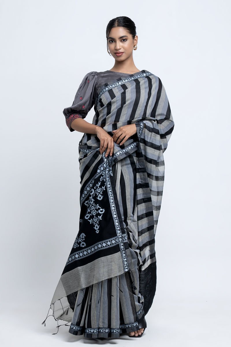 Black & Ash Half Silk Printed Saree by Kay Kraft, South Asian ethnic wear
