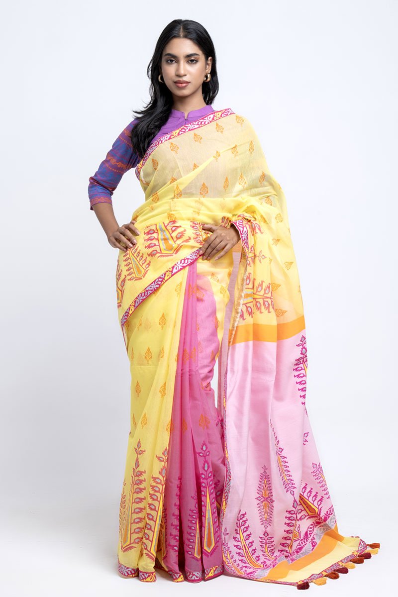 Pastel Yellow Half Silk Printed Saree by Kay Kraft, South Asian ethnic wear