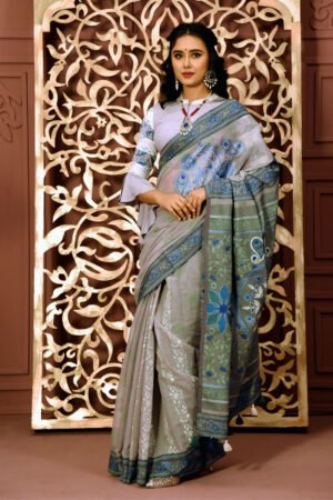 Grey Half Silk Printed & Hand Embroidered Saree