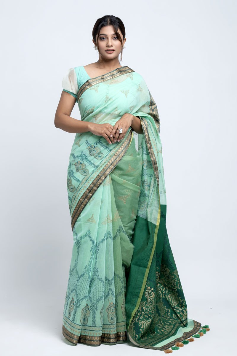 Lucite Green Half Silk Printed Saree by Kay Kraft, South Asian ethnic wear