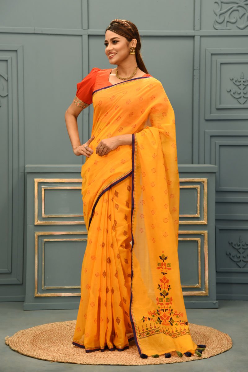 Marigold Half Silk Printed Saree by Kay Kraft, South Asian ethnic wear