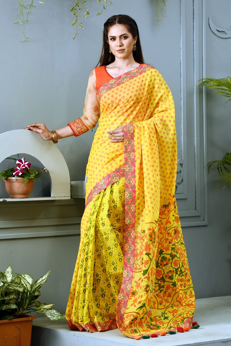 Yellow Printed Half Silk Saree by Kay Kraft, South Asian ethnic wear