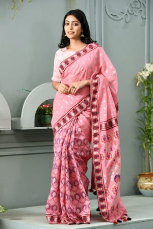 Pink Printed Half Silk Saree by Kay Kraft, South Asian ethnic wear