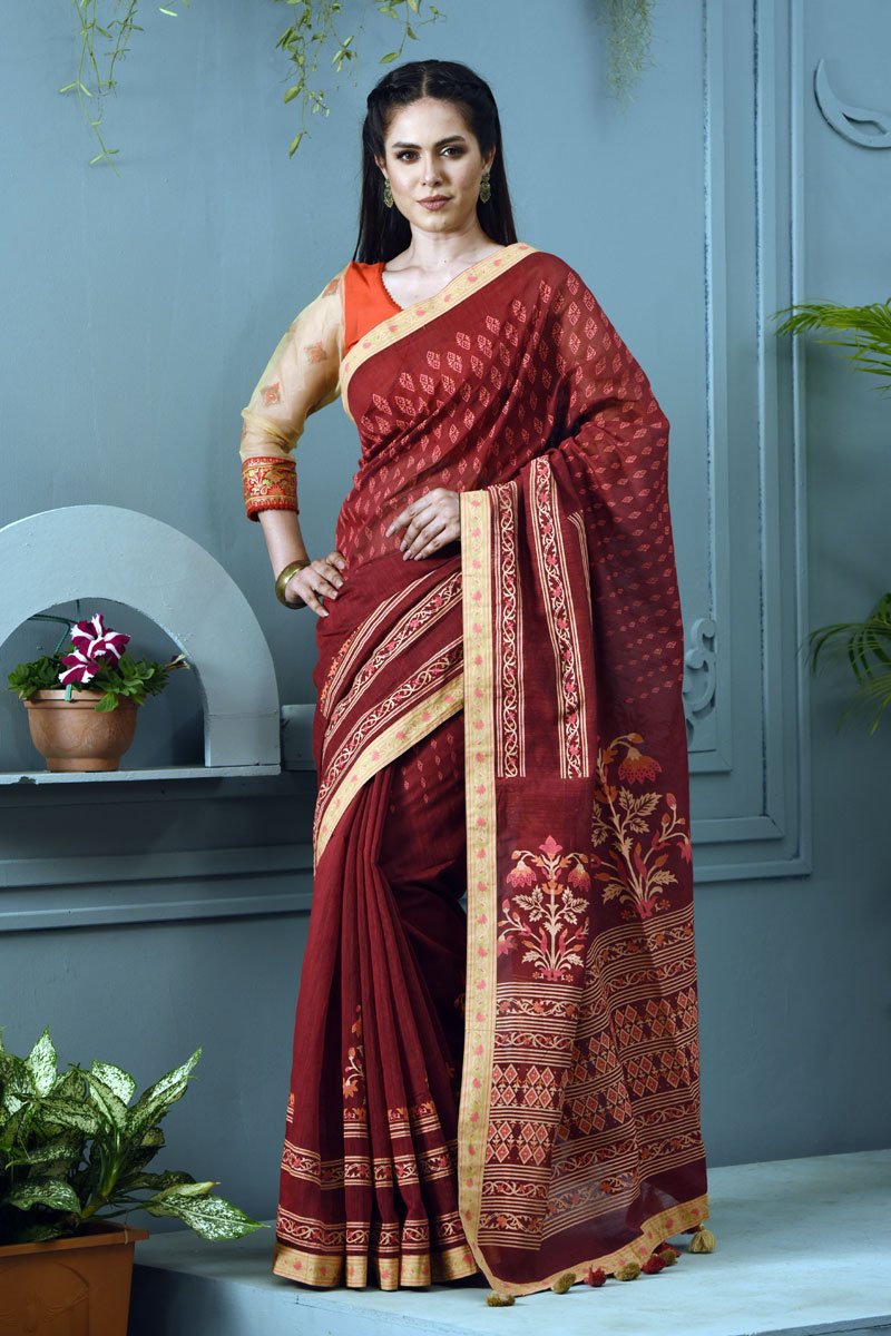 Burgundy Half Silk Printed Saree by Kay Kraft, South Asian ethnic wear