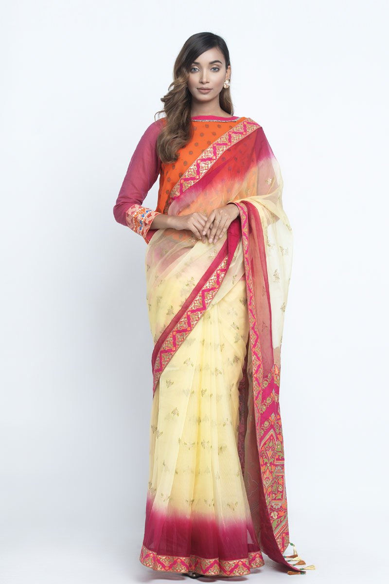 Pastel Yellow Organza Printed & Embroidered Saree by Kay Kraft, South Asian ethnic wear