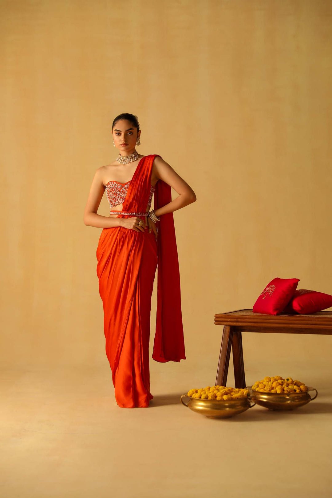 Vedika Mehta In Rumaan – Burnt Orange Drape Saree Set by Sheetal Batra, South Asian ethnic wear