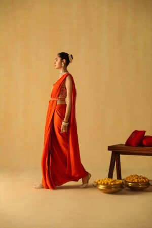 Rumaan – Burnt Orange Drape Saree Set by Sheetal Batra, South Asian ethnic wear