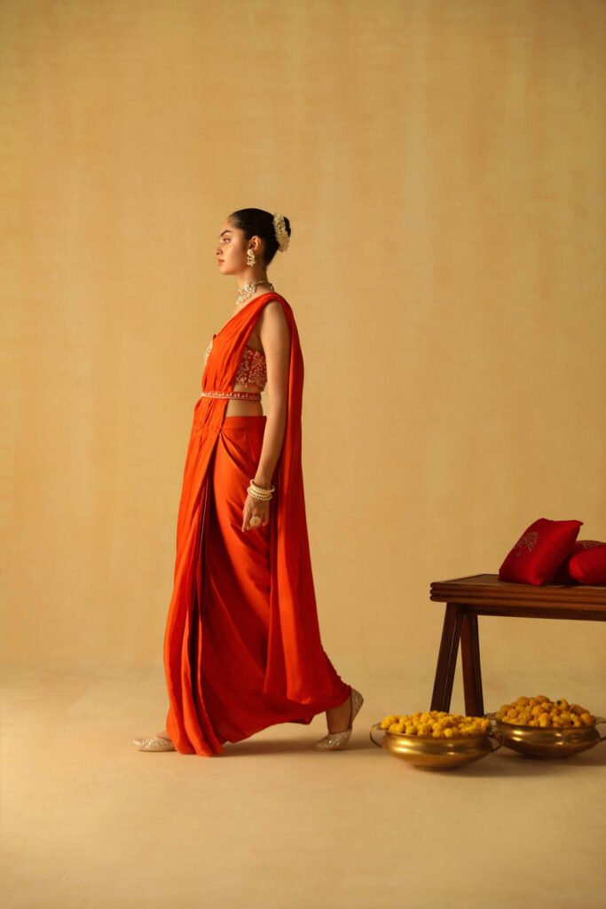 Rumaan – Burnt Orange Drape Saree Set by Sheetal Batra, South Asian ethnic wear