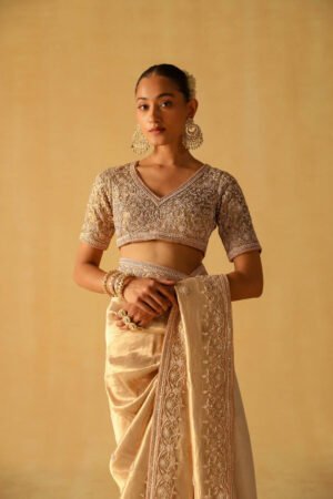 Saraa – Gold Brocade Saree Set by Sheetal Batra, South Asian ethnic wear