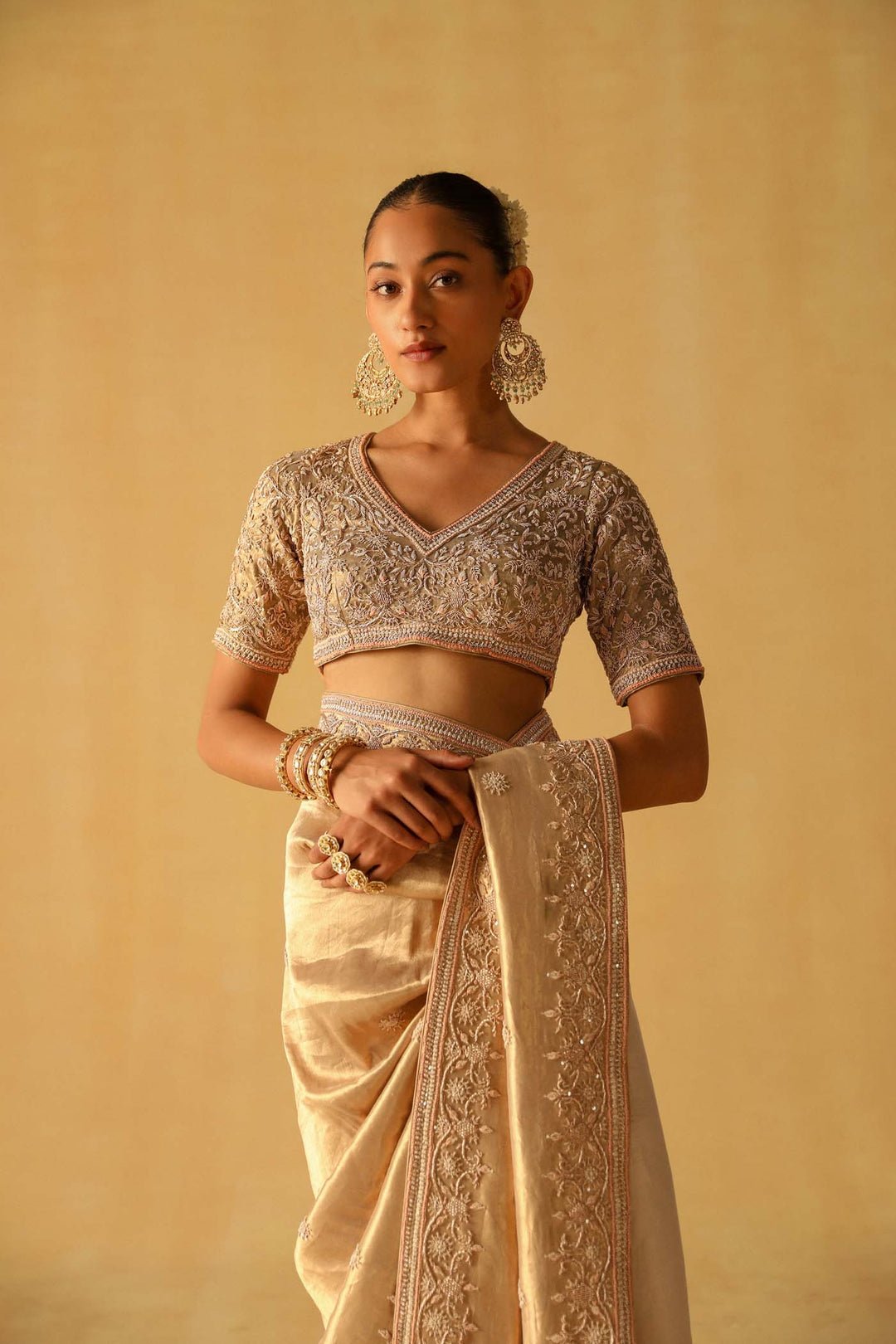 Saraa – Gold Brocade Saree Set by Sheetal Batra, South Asian ethnic wear