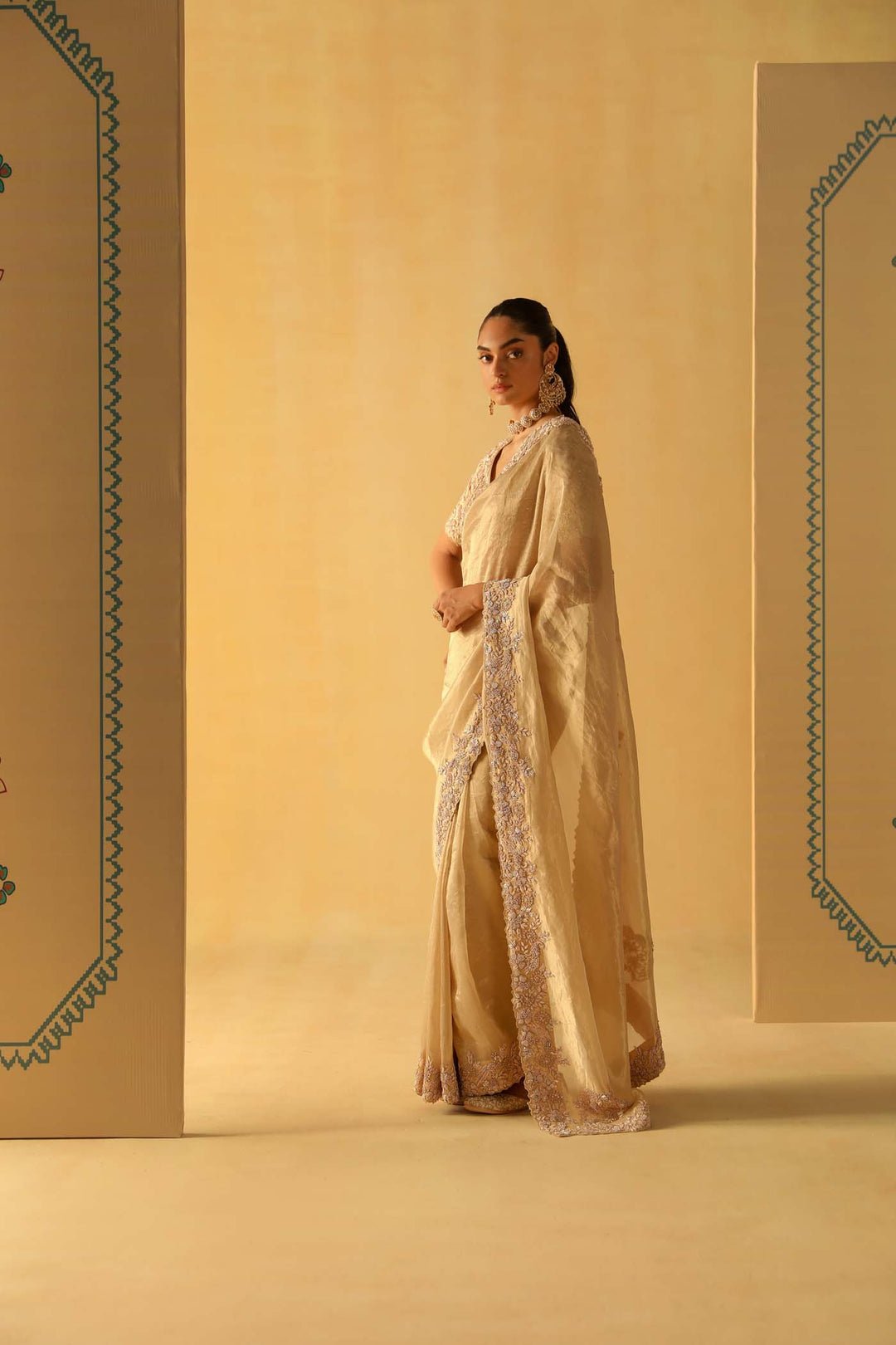 Maheen – Gold Tissue Saree Set by Sheetal Batra, South Asian ethnic wear
