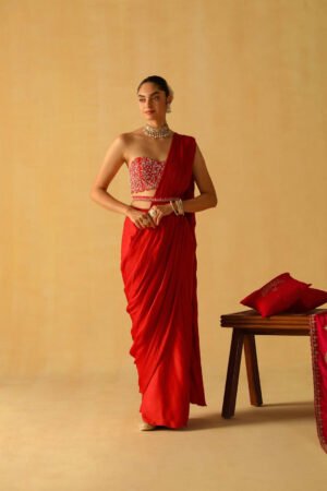 Rumaan – Deep Red Drape Saree Set by Sheetal Batra, South Asian ethnic wear