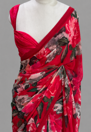 Georgette Saree With Bold Large-Scale Peony Floral Digital Print by Varam Fashion House, South Asian ethnic wear