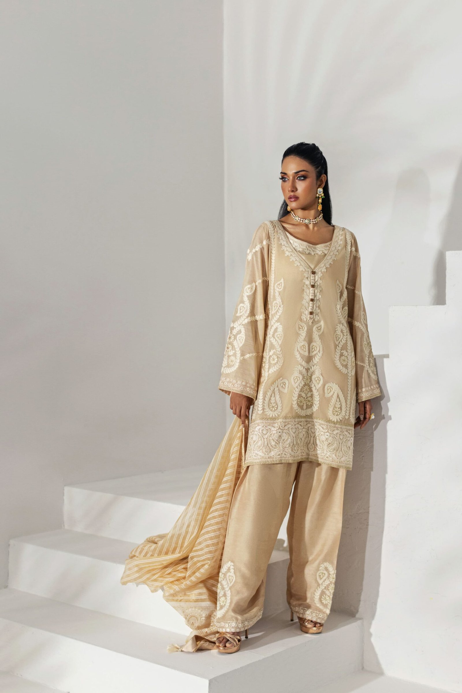 Champagne Embroidered Organza Three-Piece Suit by Shehrnaz, South Asian ethnic wear