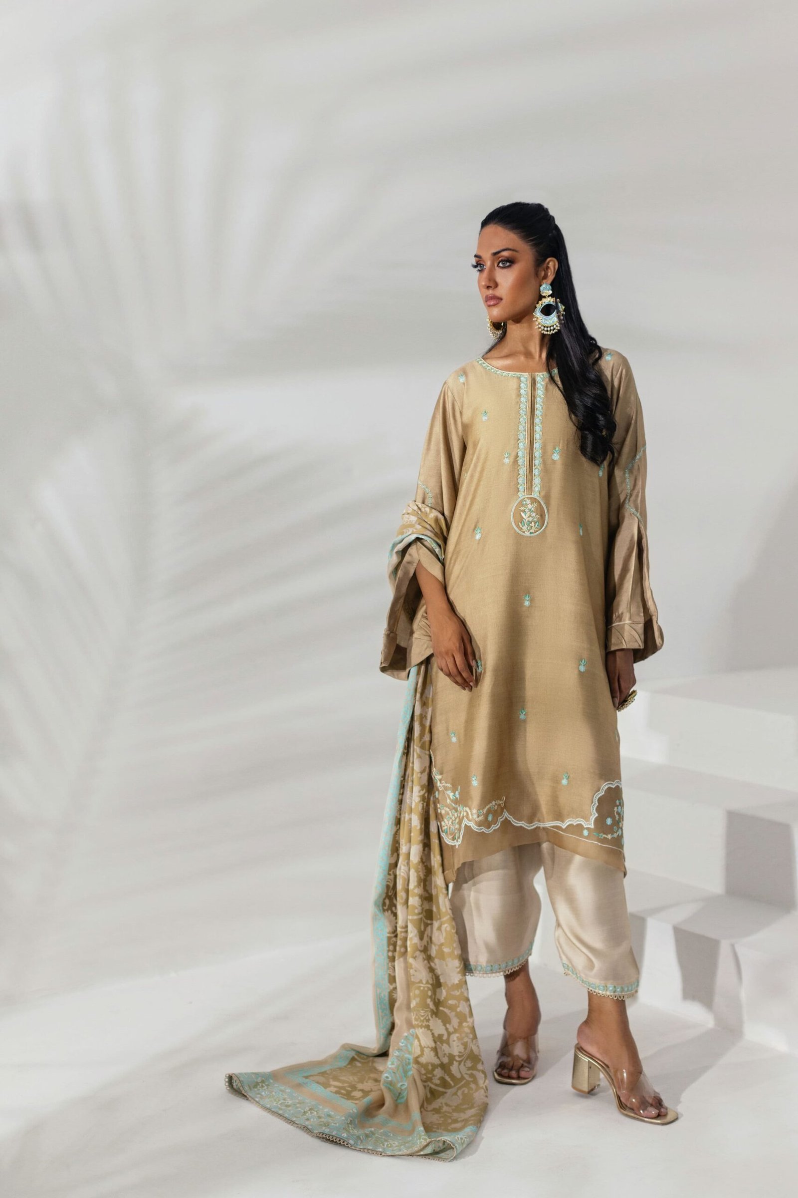 Fawn Tunic With Aqua Embroidered Accents by Shehrnaz, South Asian ethnic wear
