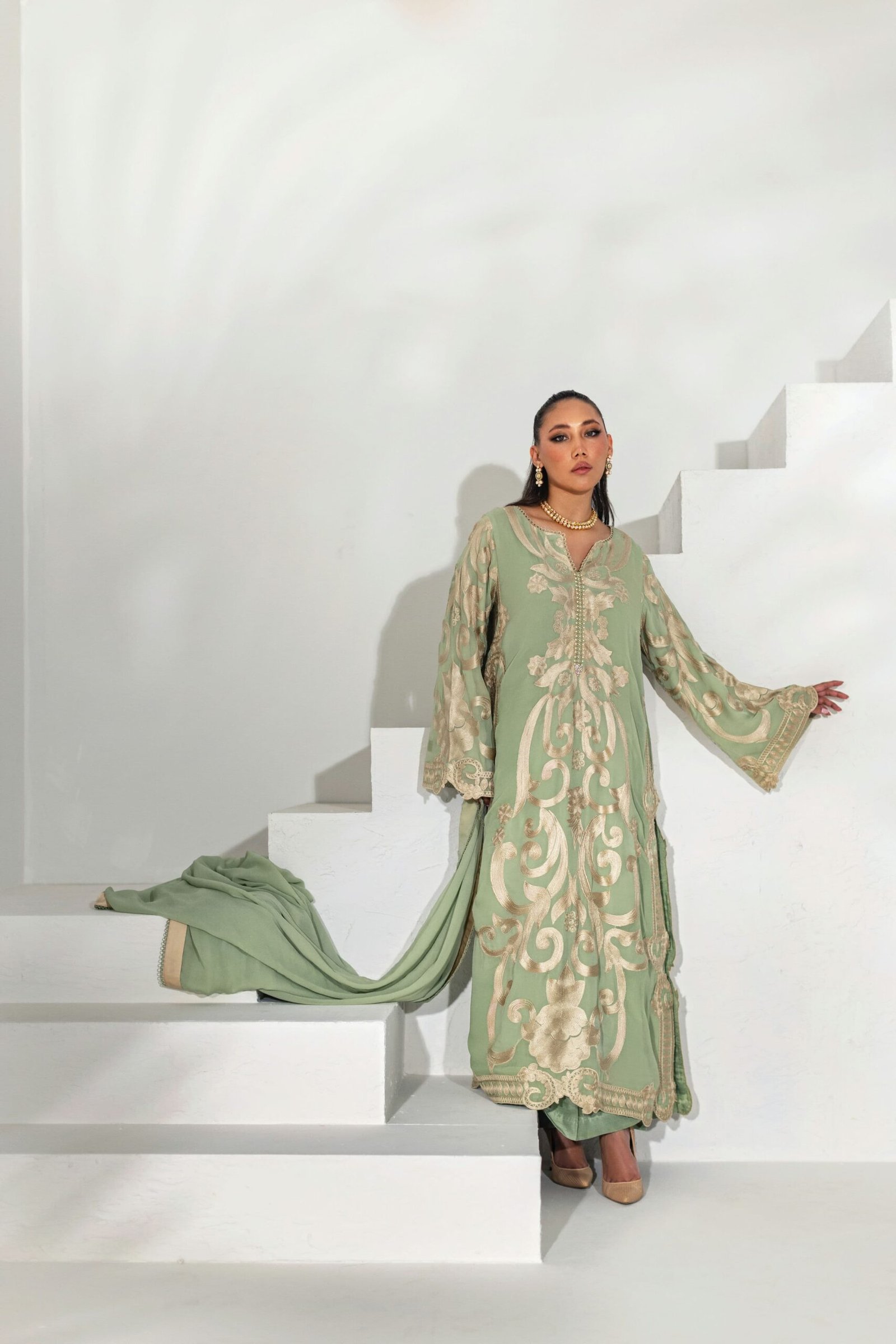Sage Green Heavy Embroidered Scalloped Suit by Shehrnaz, South Asian ethnic wear