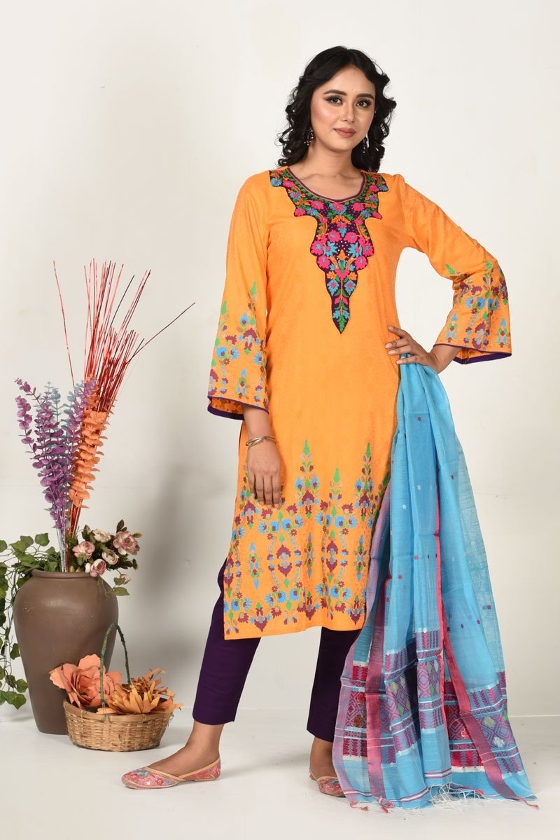 Orange Cotton Printed & Hand Embroidered Salwar Kameez Set by Kay Kraft, South Asian ethnic wear