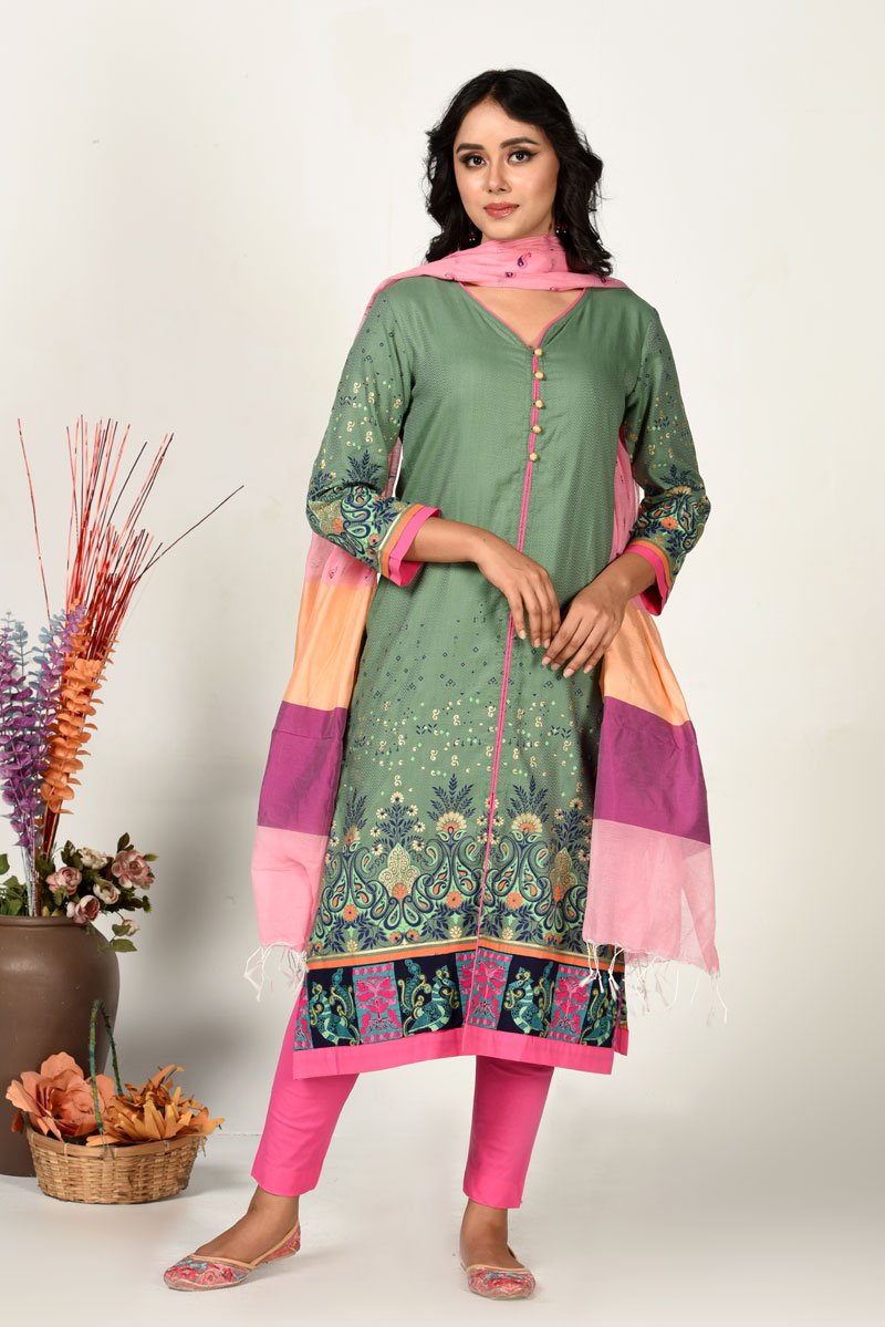 Jade Green Jacquard Cotton Printed & Hand Embroidered Salwar Kameez Set
