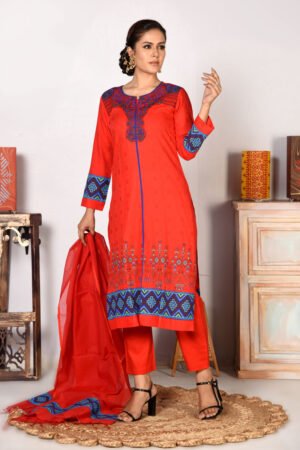 Red Jacquard Cotton Hand Embroidered & Printed Salwar Kameez Set by Kay Kraft, South Asian ethnic wear