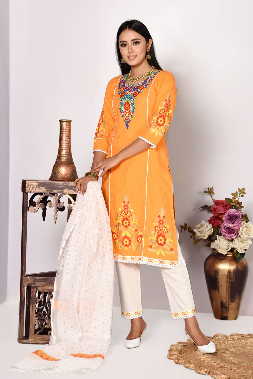 Orange Jacquard Cotton Printed & Hand Embroidered Salwar Kameez Set