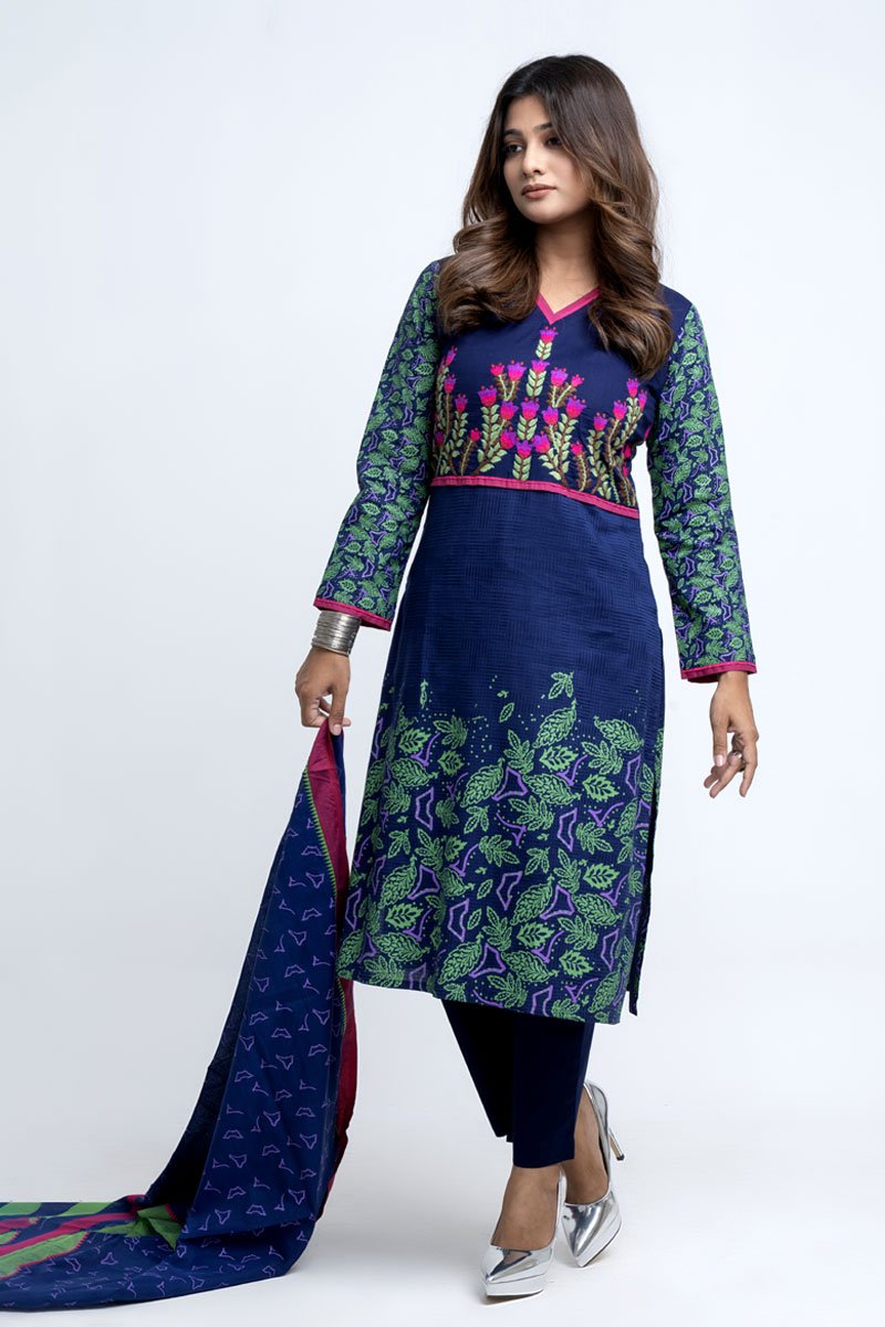 Dark Navy Blue Jacquard Cotton Printed & Hand Embroidered Salwar Kameez Set by Kay Kraft, South Asian ethnic wear