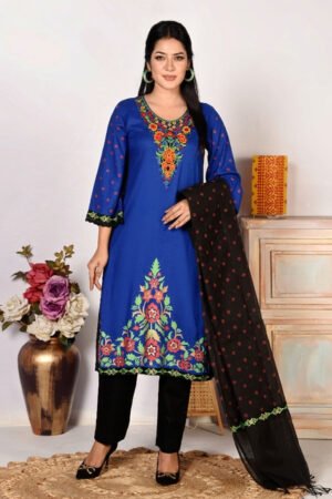 Royal Blue Cotton Printed & Hand Embroidered Salwar Kameez Set by Kay Kraft, South Asian ethnic wear