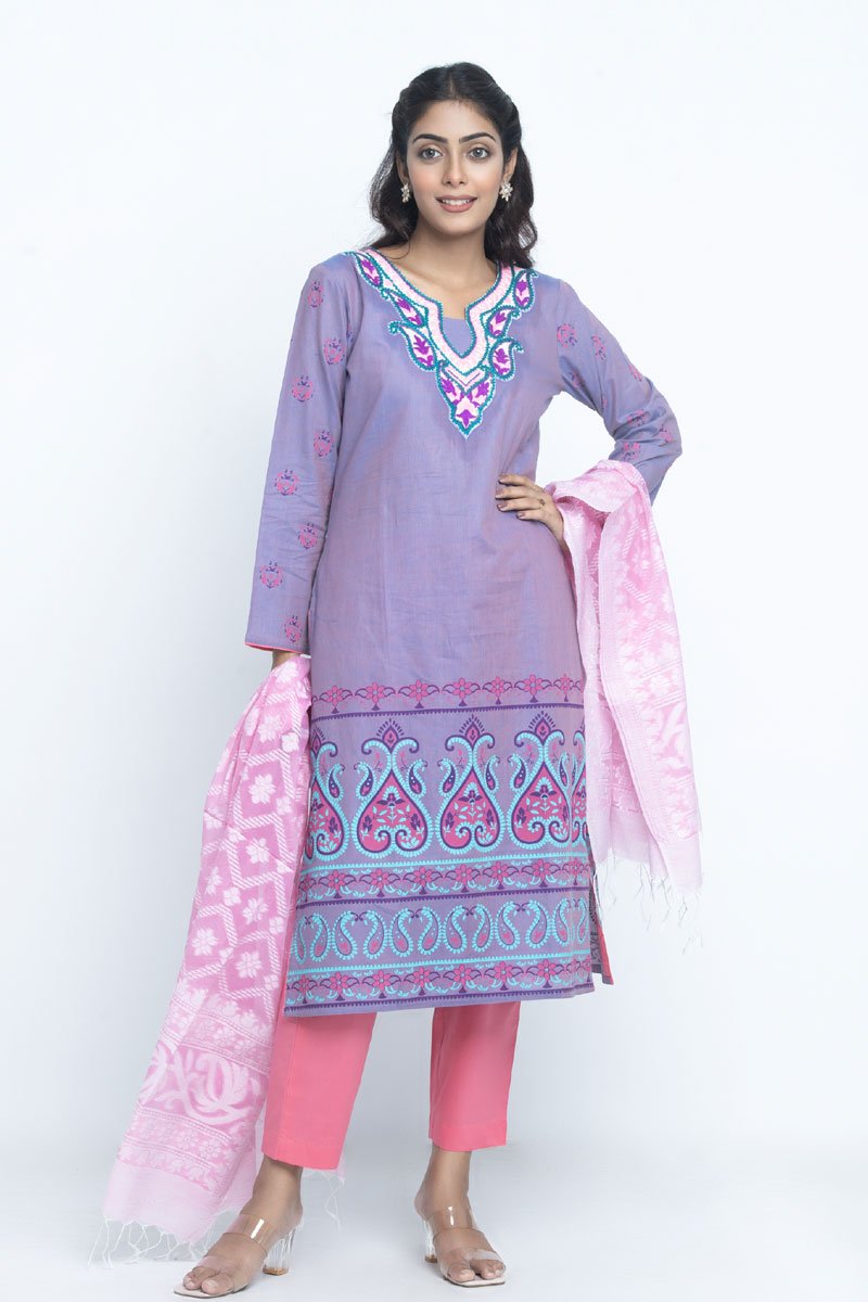 Lavender Cotton Printed & Hand Embroidered Salwar Kameez Set by Kay Kraft, South Asian ethnic wear