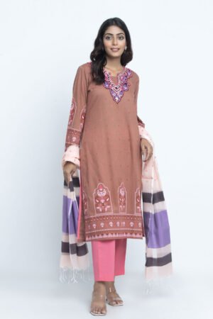 Oak Brown Cotton Printed & Hand Embroidered Salwar Kameez Set