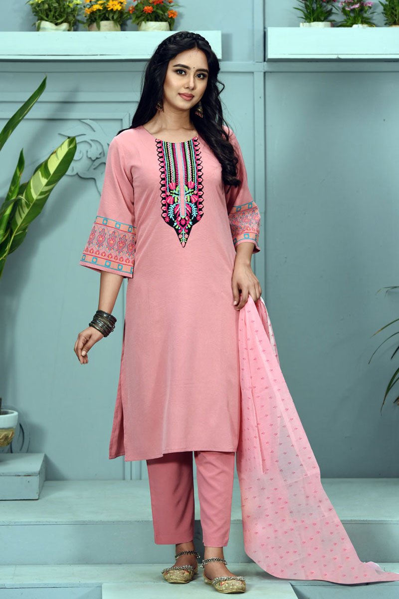 Mauve Pink Georgette Printed & Hand Embroidered Salwar Kameez Set by Kay Kraft, South Asian ethnic wear