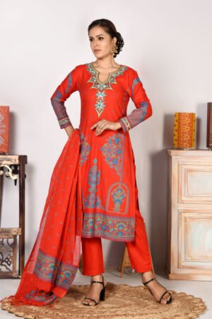 Red Linen Printed & Hand Embroidered Salwar Kameez Set by Kay Kraft, South Asian ethnic wear