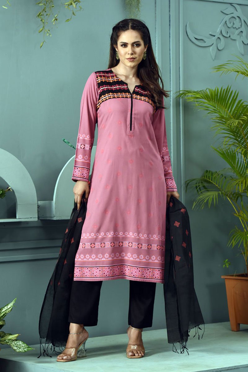 Mauve Pink Linen Printed & Hand Embroidered Salwar Kameez Set by Kay Kraft, South Asian ethnic wear