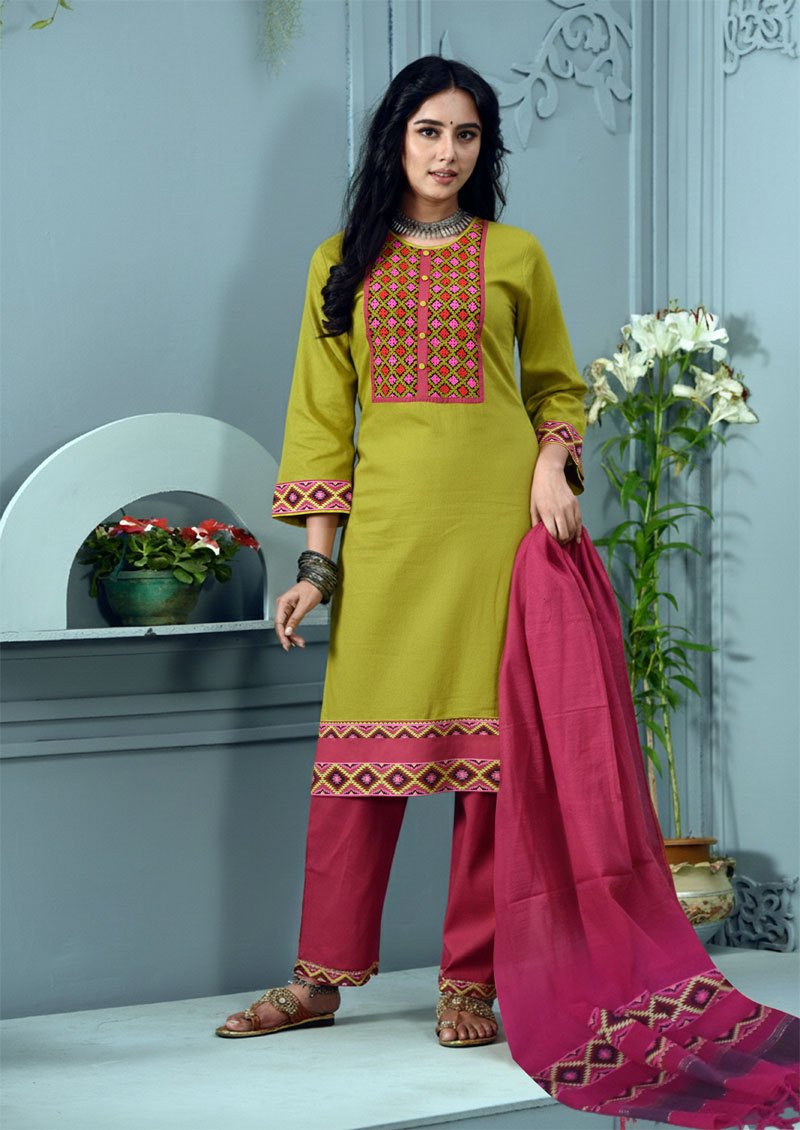 Olive Green Linen Printed & Hand Embroidered Salwar Kameez Set by Kay Kraft, South Asian ethnic wear