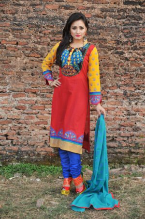 Red Voile Appliqued & Hand Embroidered Salwar Kameez Set by Kay Kraft, South Asian ethnic wear