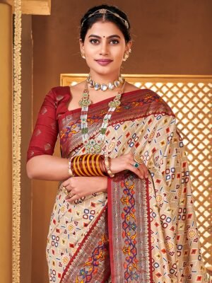 Women'S Silk Blend Cream Woven Design Designer Saree With Blouse Piece
