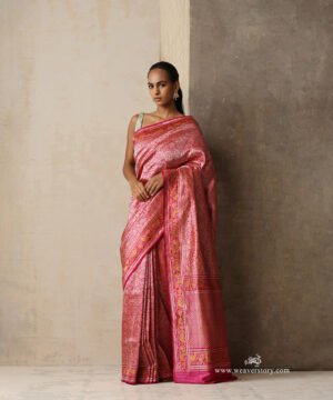 Charumati — Pink Handloom Real Zari Banarasi Shikargah Saree With Meenakari Birds by WeaverStory, South Asian ethnic wear