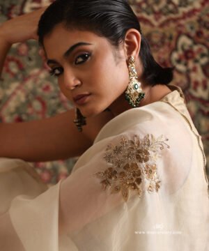 Ivory Off-White Handloom Organza Saree With Cutdana Hand Embroidery by WeaverStory, South Asian ethnic wear