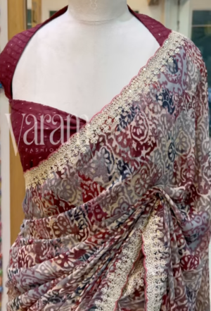 Heirloom Elegance Premium Soft Georgette Saree With Embroidered Scallop Border by Varam Fashion House, South Asian ethnic wear