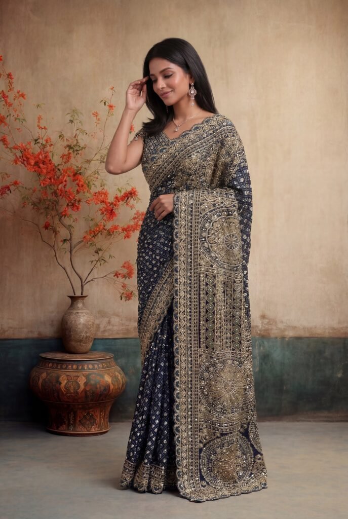 Navy Blue Rinkle Georgette Sequins Saree by Mokshaa, South Asian ethnic wear
