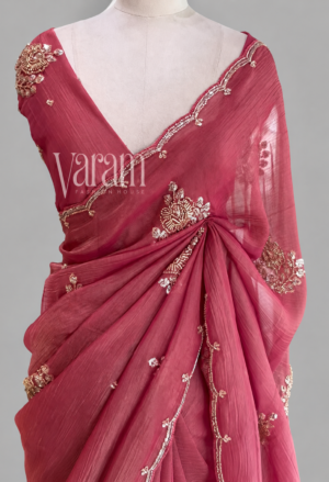 Tissue Saree With Sequin-Beaded Lotus Motifs & Scalloped Border by Varam Fashion House, South Asian ethnic wear